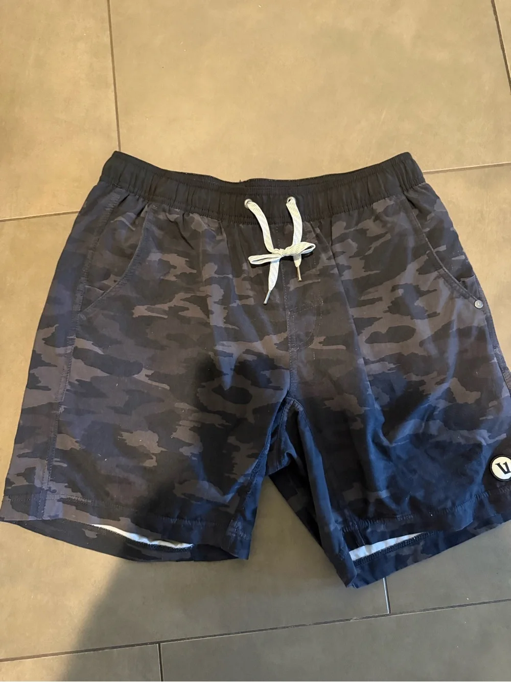 Vuori Navy Camo Swim Trunks with White Drawstring